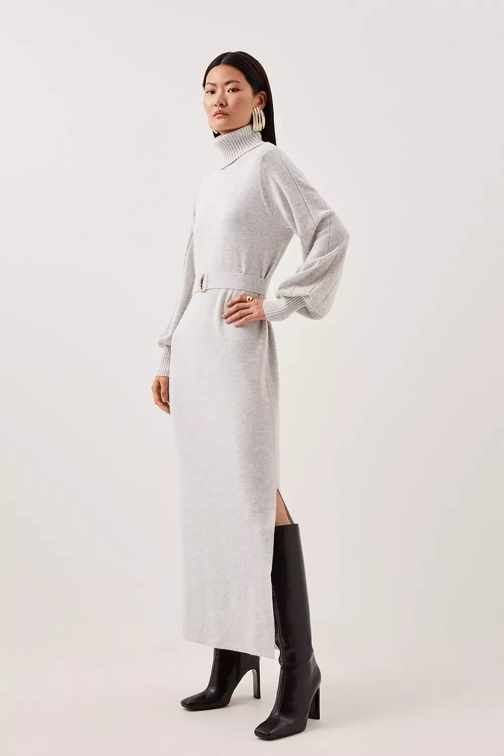 Wool Blend Full Sleeve Belted Funnel Knit Neck Maxi Dress Karen Millen